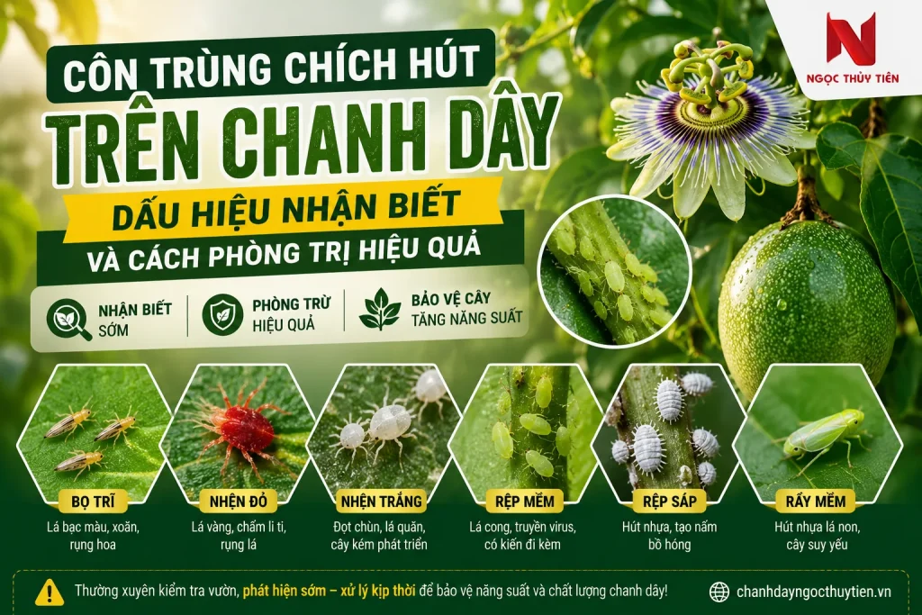 Côn trùng chích hút trên chanh dây gồm bọ trĩ, nhện đỏ, nhện trắng, rệp mềm, rệp sáp và rầy mềm - dấu hiệu nhận biết và cách phòng trị hiệu quả.