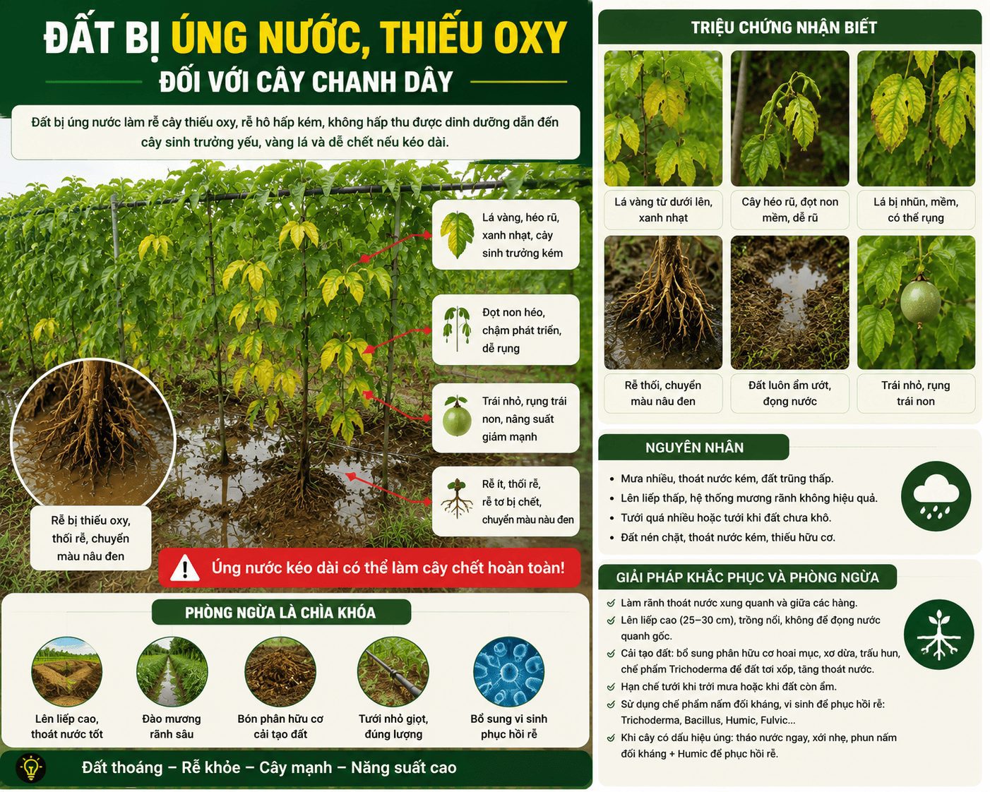 Đất bị úng nước thiếu oxy làm cây chanh dây vàng lá