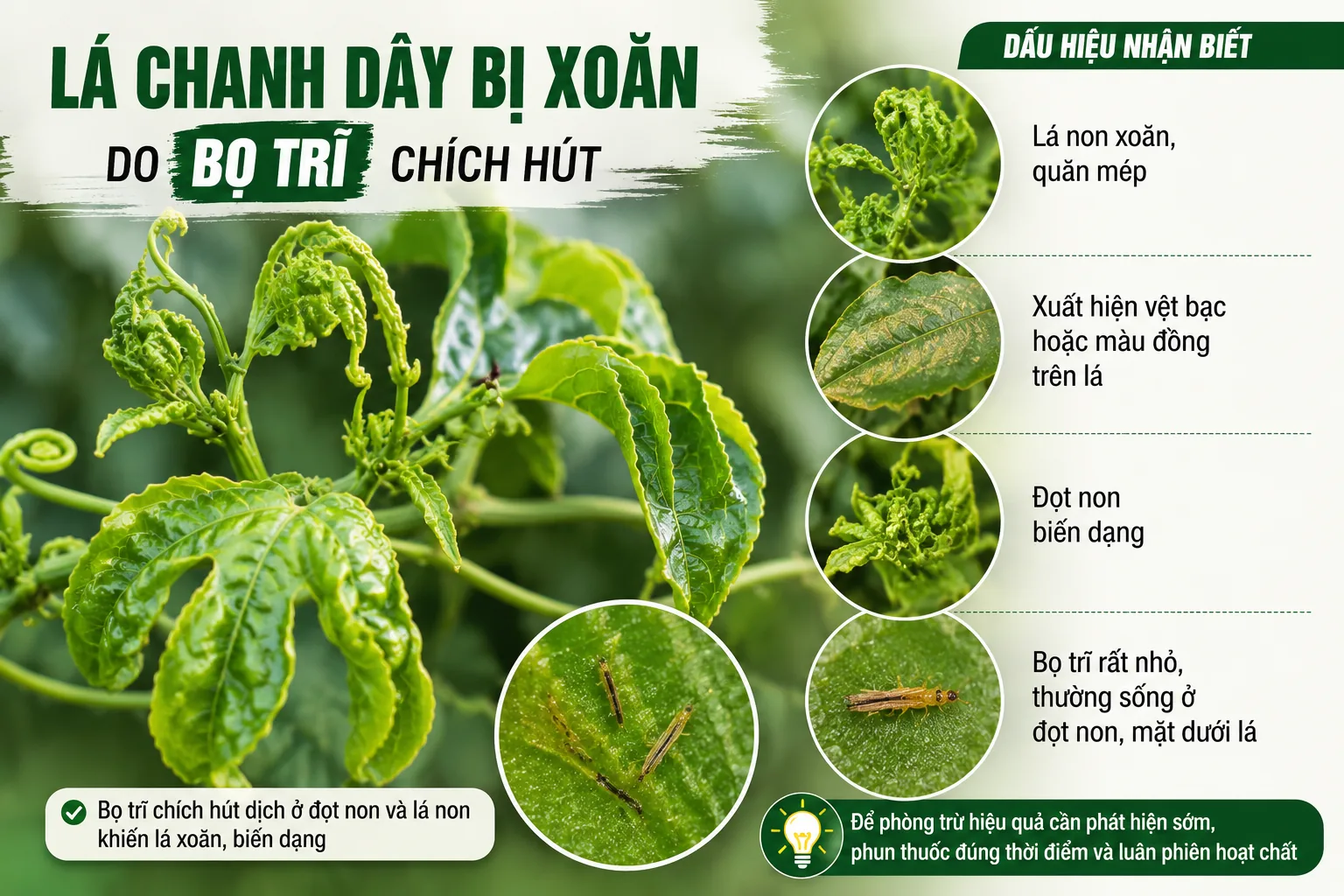 Lá chanh dây bị xoăn do bọ trĩ chích hút