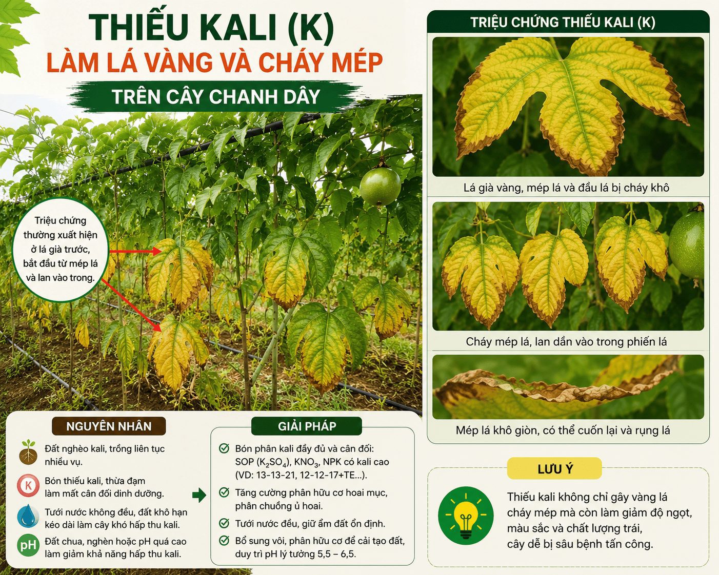 Thiếu kali làm lá chanh dây vàng và cháy mép