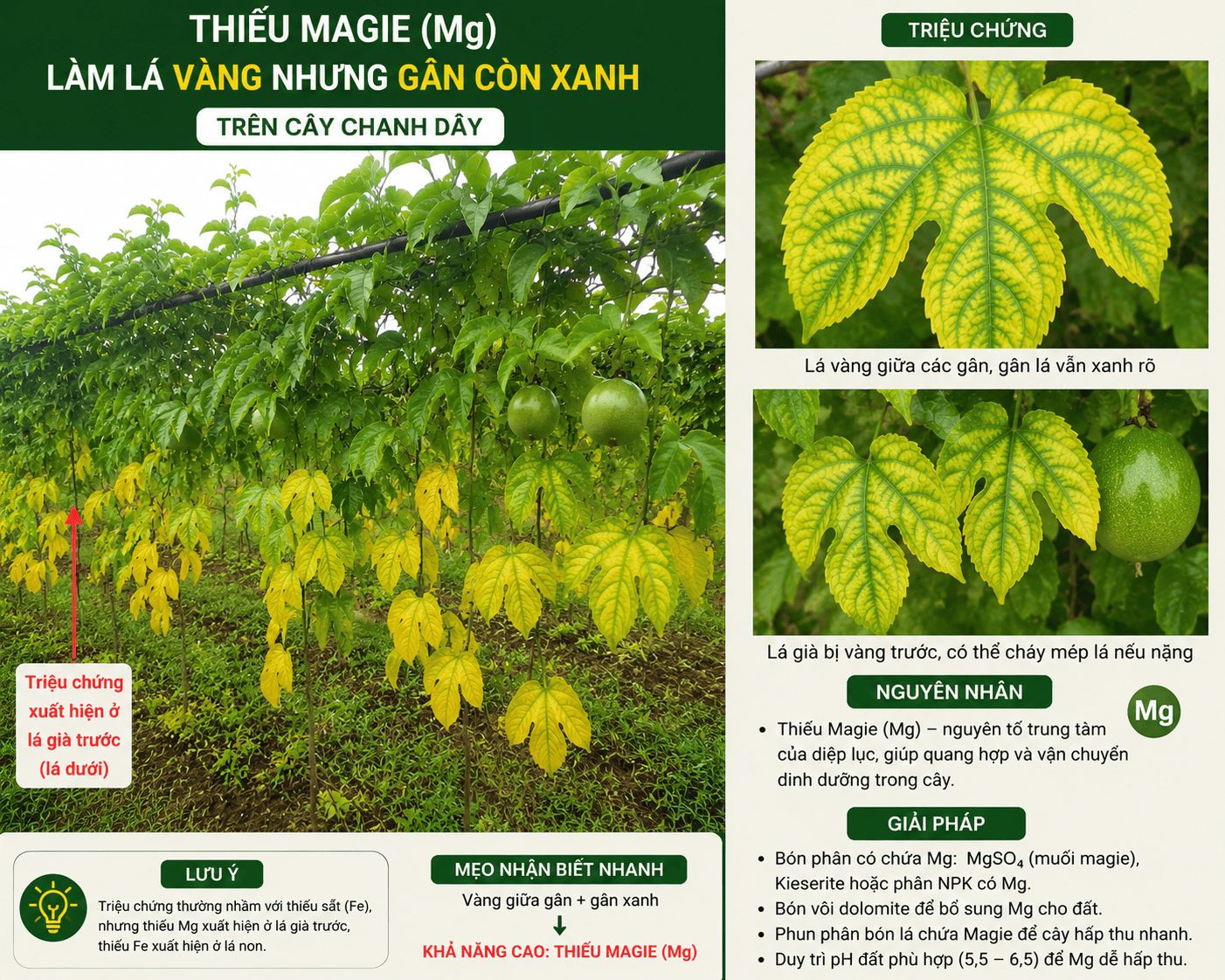Thiếu magie làm lá chanh dây vàng nhưng gân còn xanh