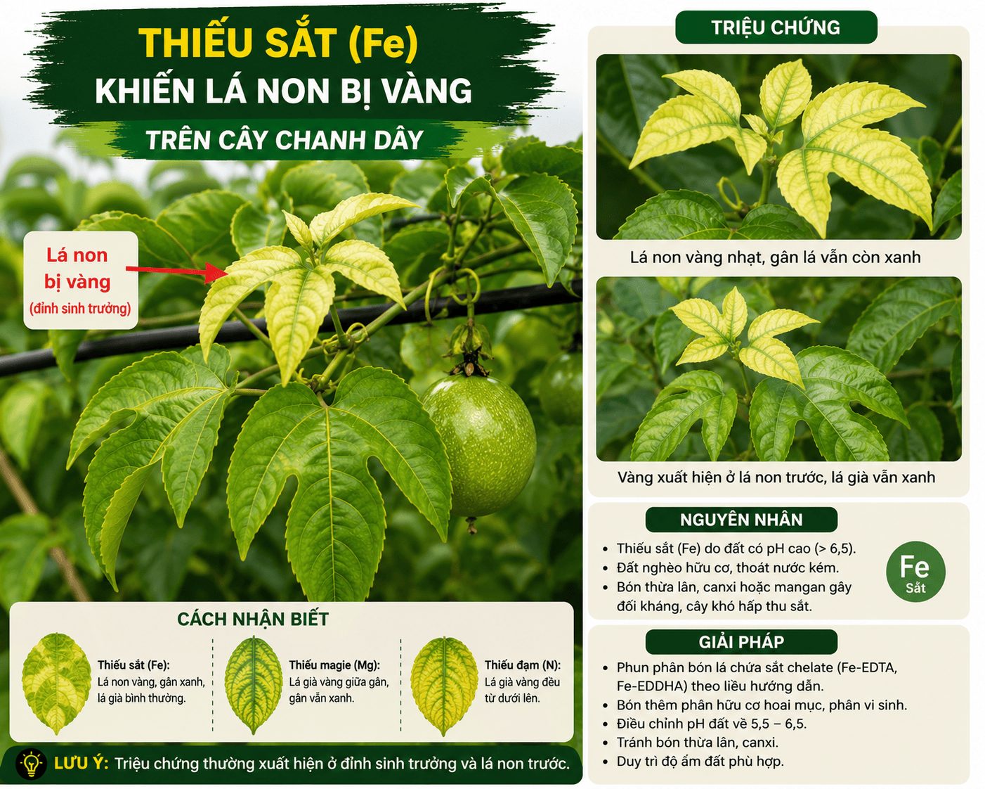 Thiếu sắt khiến lá non chanh dây bị vàng