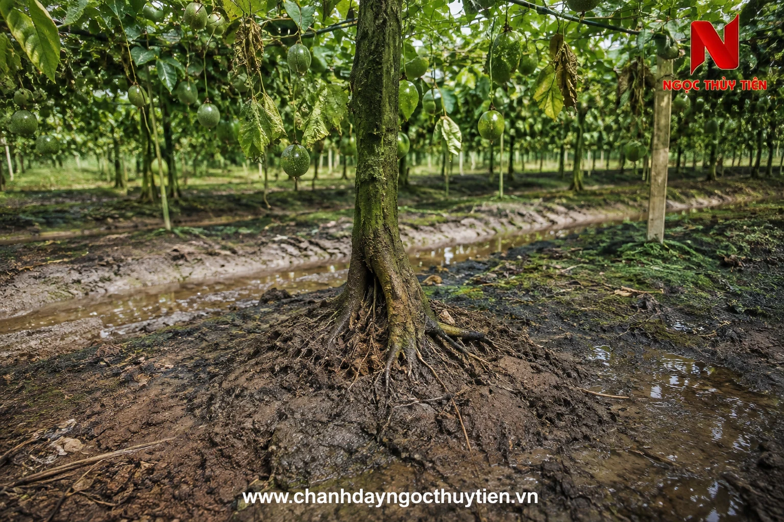 Bộ rễ chanh dây yếu do đất úng Bộ rễ chanh dây yếu do đất úng và kém thông thoáng