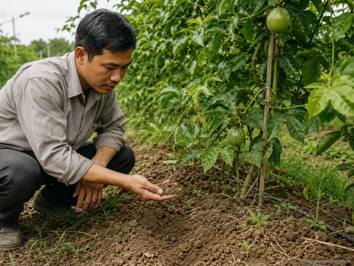Kiểm tra độ ẩm đất vùng rễ chanh dây trước khi quyết định lượng nước tưới