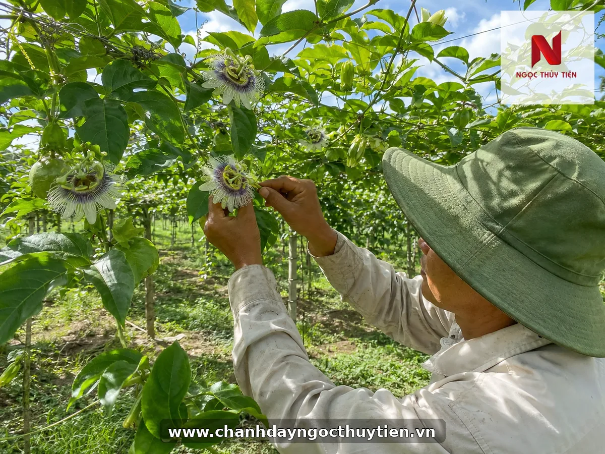 Nông dân thực hiện thụ phấn chanh dây bằng tay trong vườn