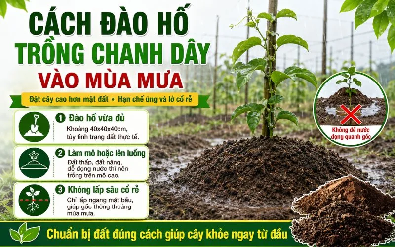 Làm mô cao và thoát nước tốt giúp hạn chế thối rễ chanh dây mùa mưa