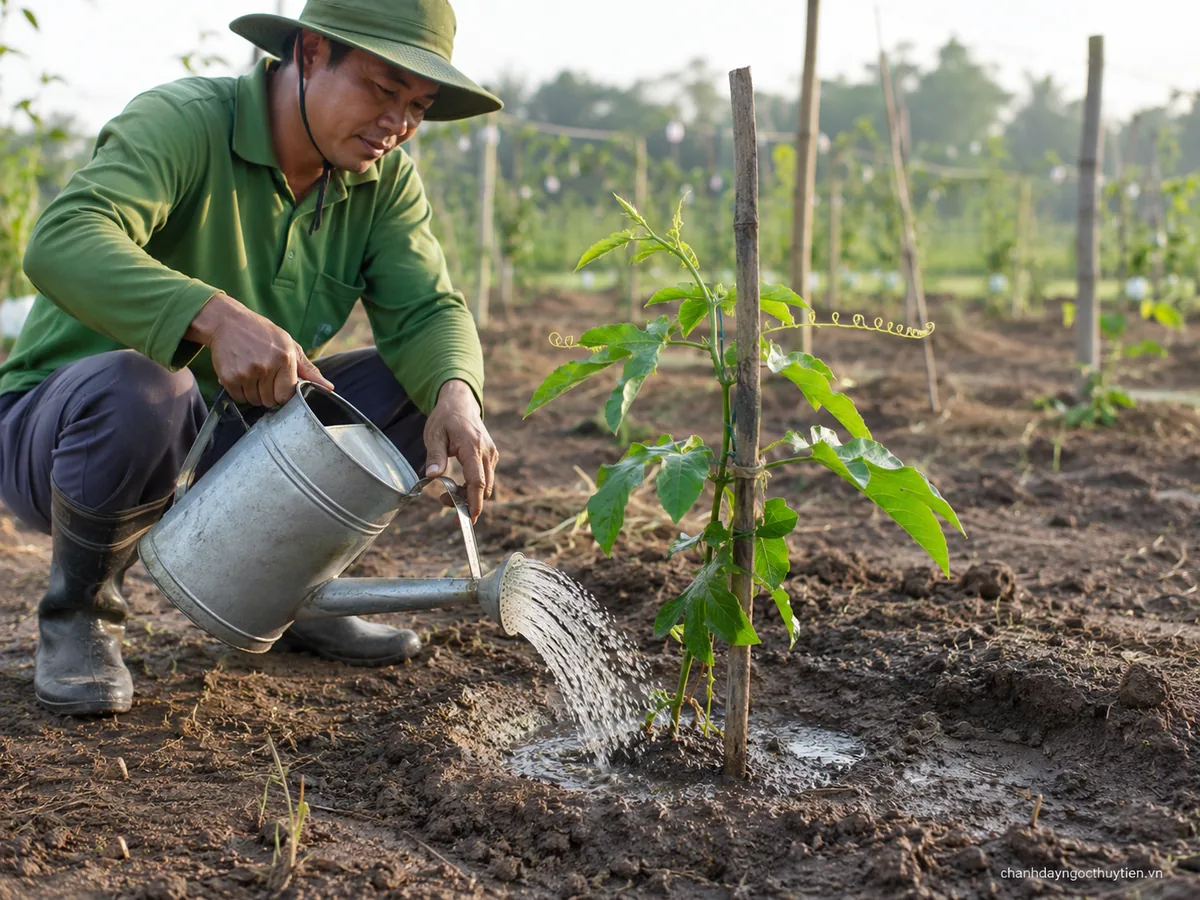 Tưới nước cho cây chanh dây mới trồng, giữ ẩm vừa phải quanh vùng bầu rễ